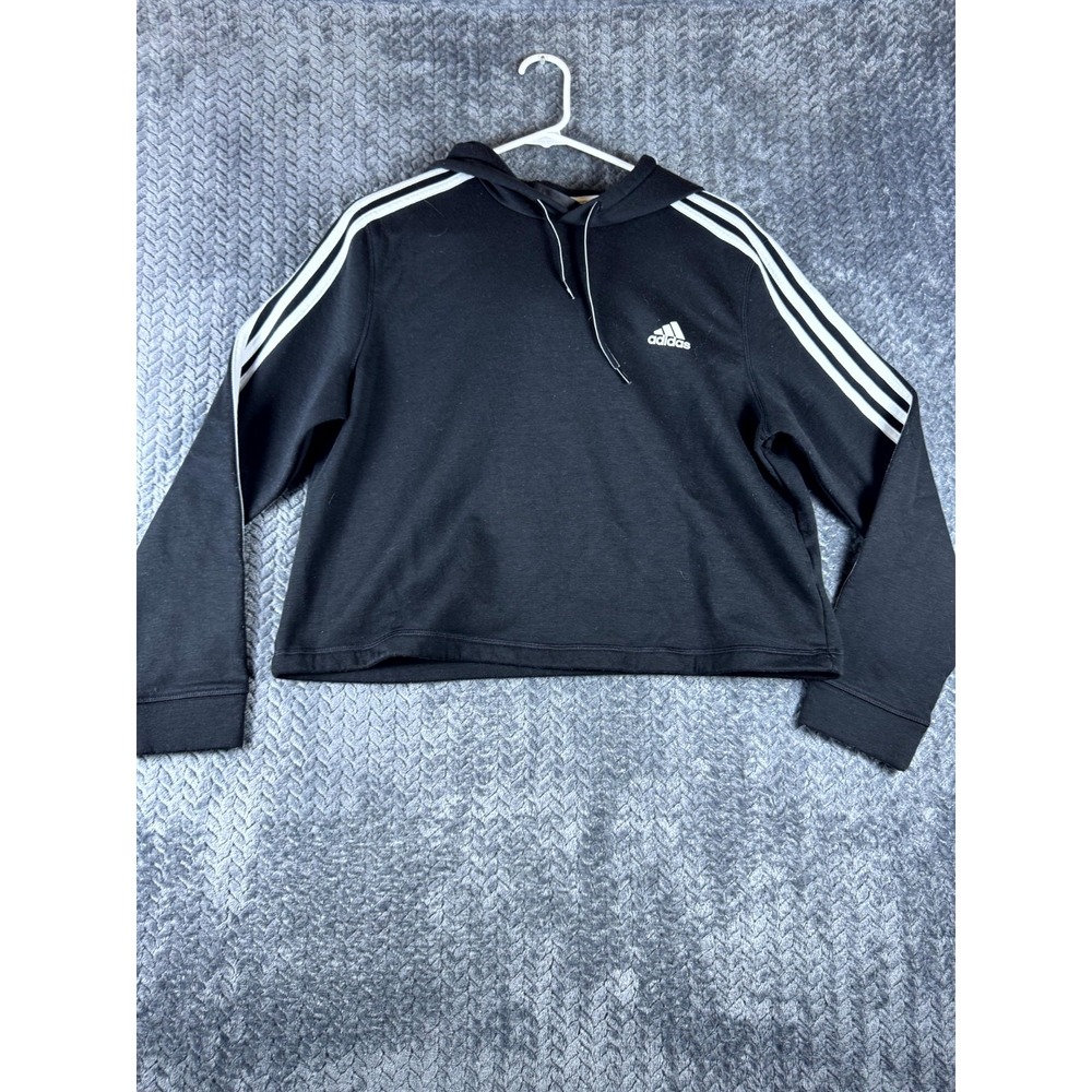 Adidas Primegreen Cropped Hoodie Womens Large Black 3 Stripes Logo Fleece Lined